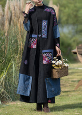 Cárdigan largo de patchwork de mezclilla bordada negra de talla grande para otoño